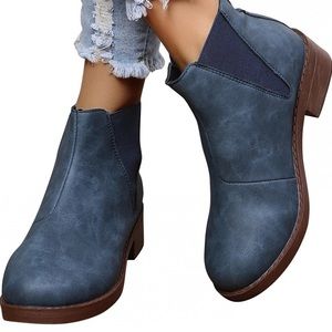 Ankle Boots Blue Round Toe Chunky Heel Slip On Thick Bottom Short Size 9